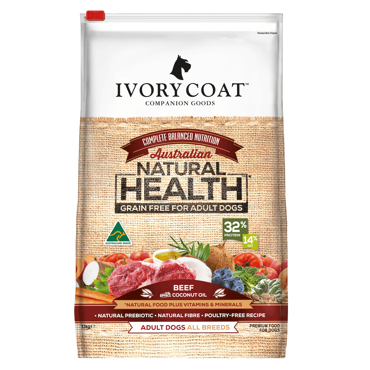Ivory Coat | Dry GF Beef with Coconut Oil for Adult Dogs | Grain Free Dry Dog Food | Front of pack