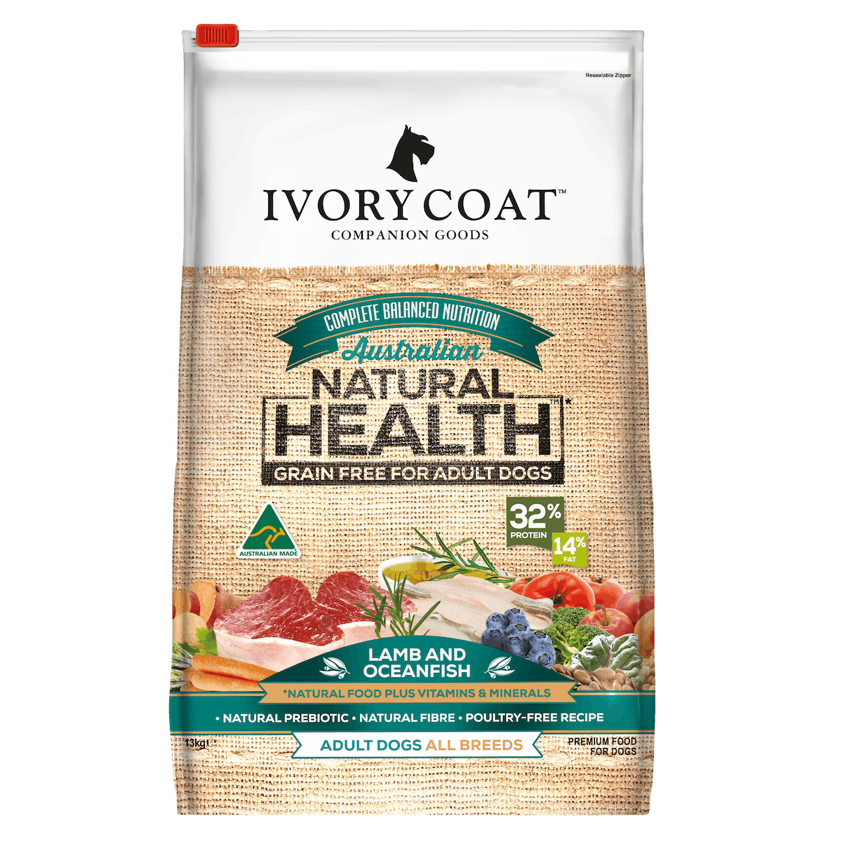Ivory Coat | Dry GF Lamb & Ocean Fish for Adult Dogs | Grain Free Dry Dog Food | Front of pack