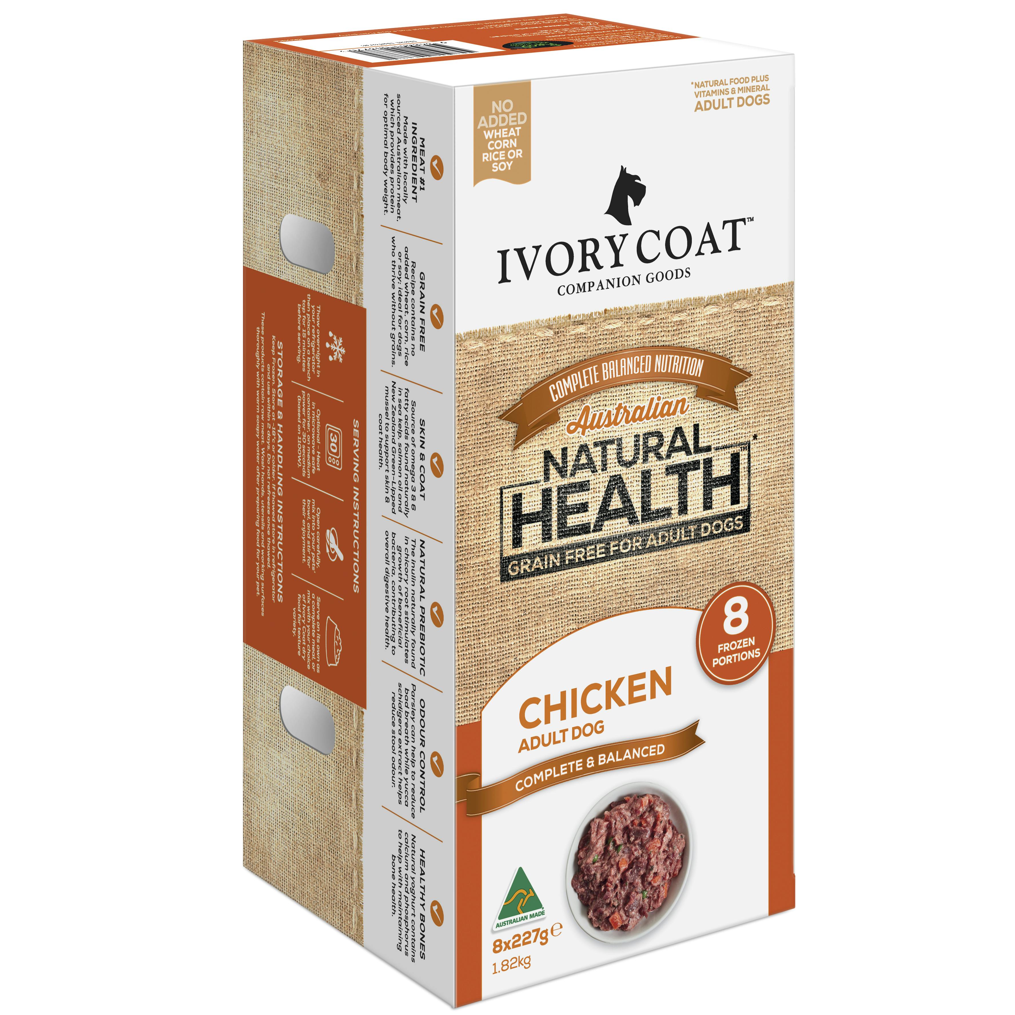 Ivory Coat | Adult Dog Frozen Portions Grain Free Chicken 8 x 227g | Grain Free Frozen Dog Food | Front of pack