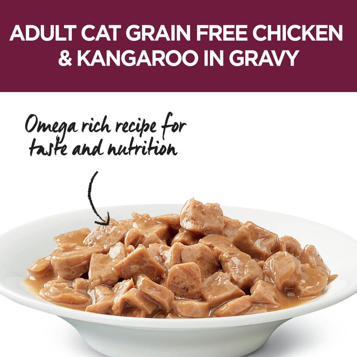 Ivory Coat | Cat Wet GF Adult Chicken & Kangaroo in Gravy 85g | Grain Free Wet Cat Food | Top of pack