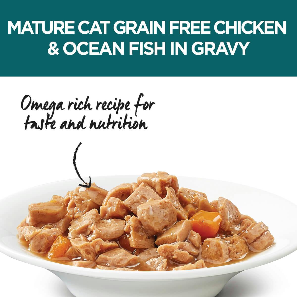 Ivory Coat | Cat Wet GF Mature Chicken & Ocean Fish in Gravy 85g | Grain Free Wet Cat Food | Top of pack