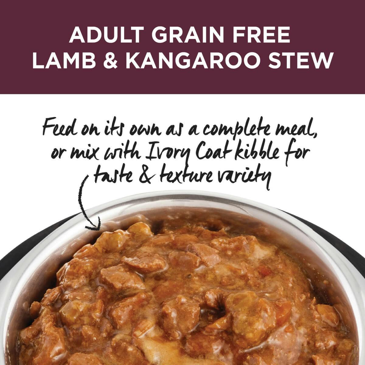 Ivory Coat | Wet GF Lamb & Kangaroo Stew 400g | Grain Free Wet Dog Food | Top of pack
