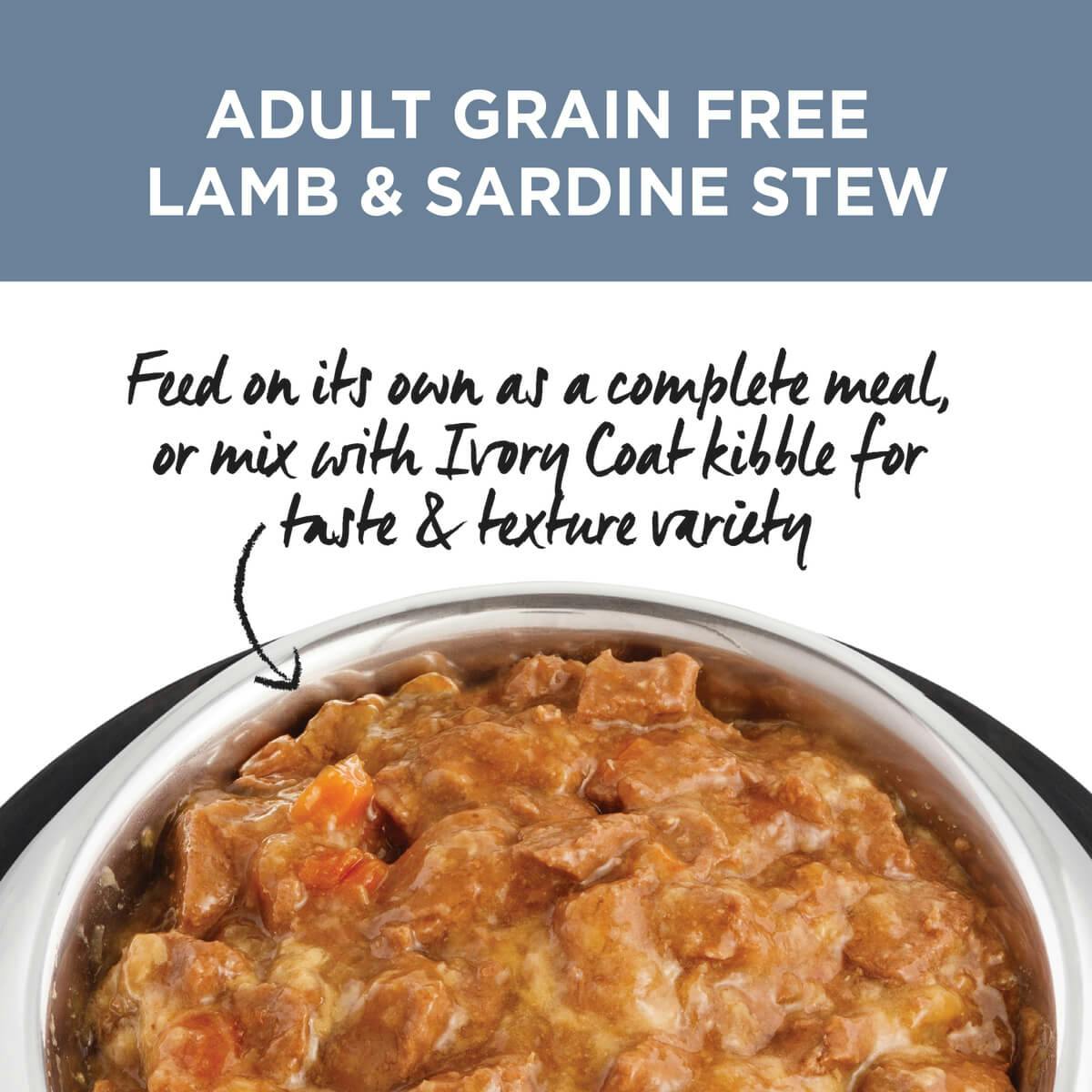 Ivory Coat | Wet GF Lamb & Sardine Stew 400g | Grain Free Wet Dog Food | Top of pack